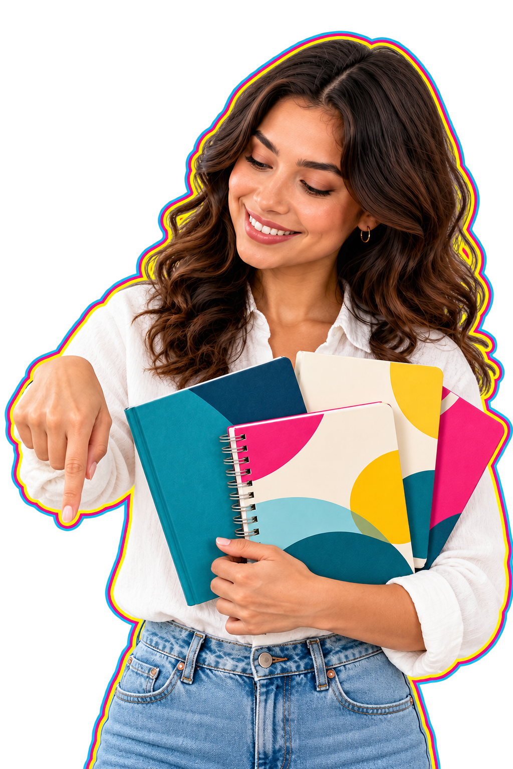 Modelo latina sostiene cuadernos personalizados y señala hacia el texto inferior
